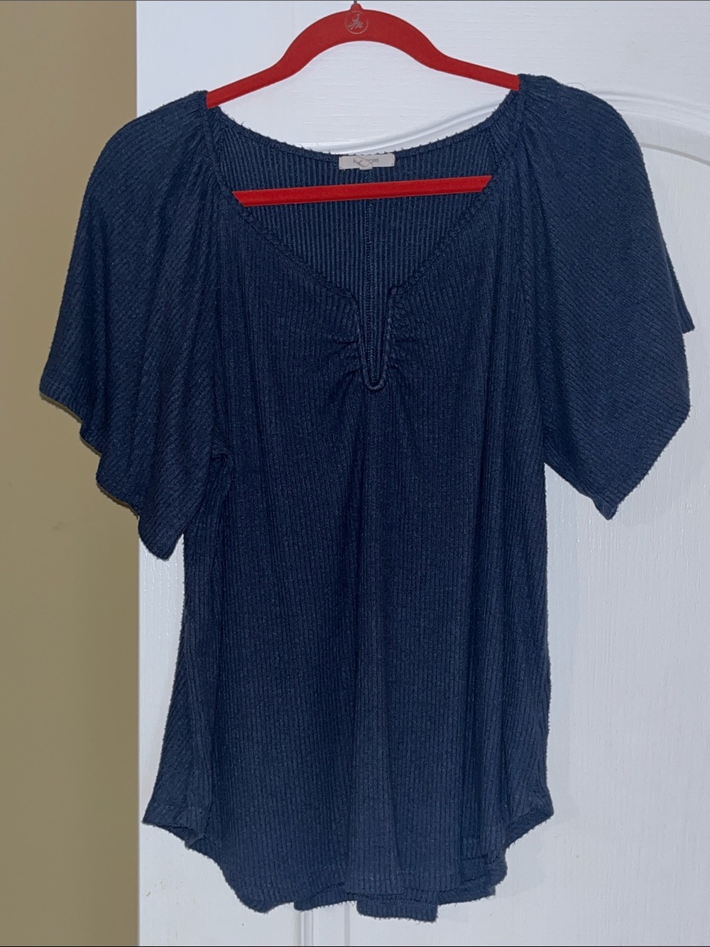 Maurices Navy Short Sleeve V-Neck Peasant Blouse